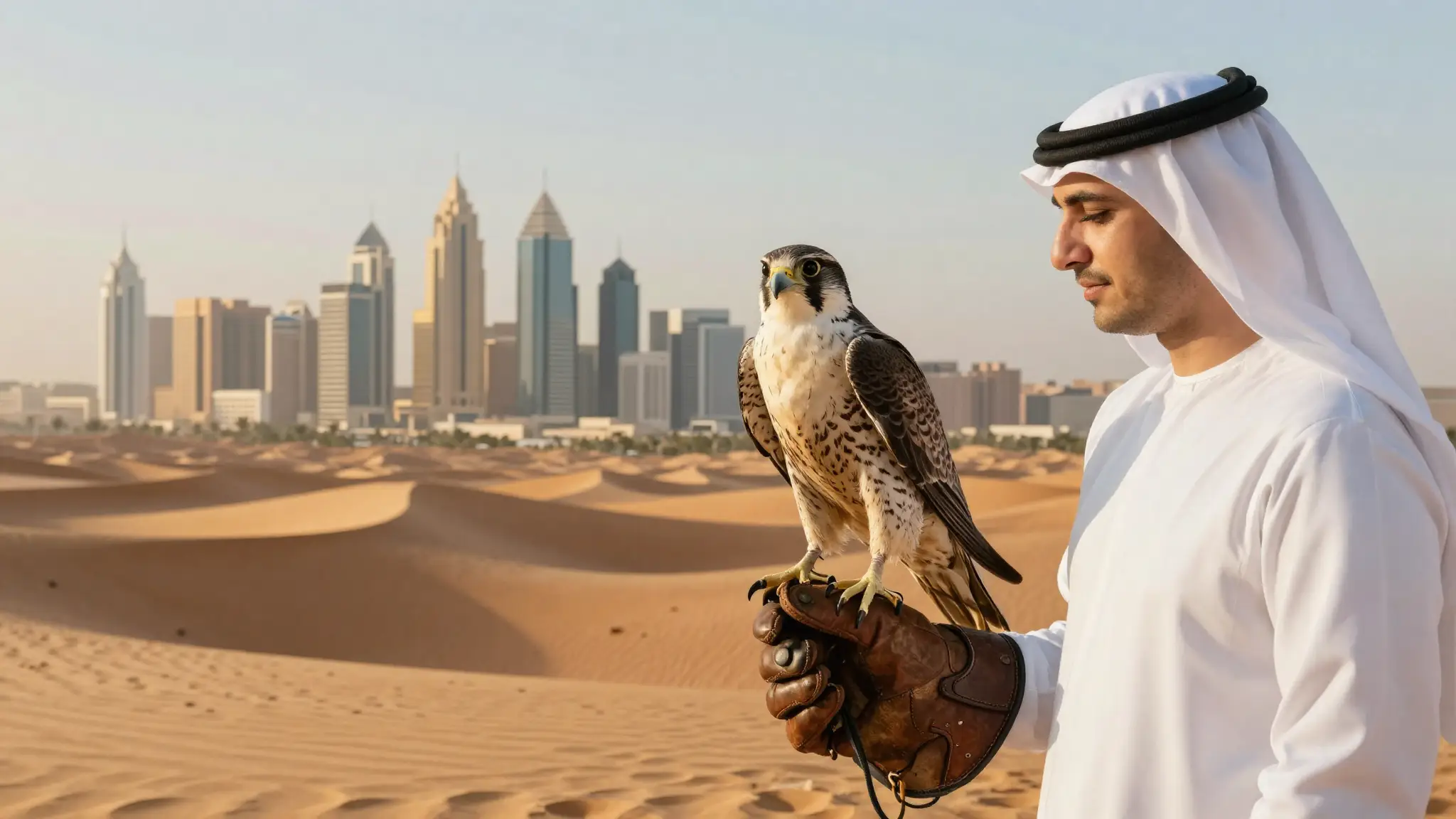 مشهد يجمع أفق مدينة إماراتية حديثة مع كثبان الصحراء وصقر، يعبّر عن الهوية والتراث الإماراتي